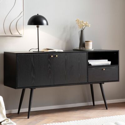 Aparador 140x75x40 cm Cómoda Negra con Decoración Roble Atemporal, Cómoda Alta, Mueble de Salón con 2 Puertas y Cajón, Aparador con Compartimento Abierto