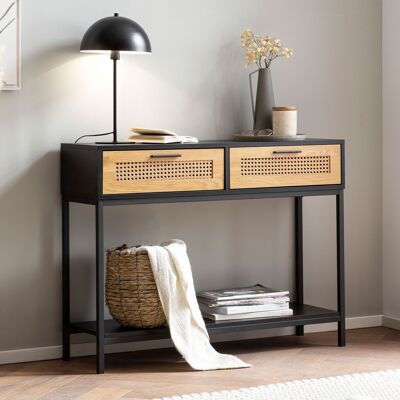 Consola negra 100x30x75 cm aparador de diseño recibidor, mesa estrecha de almacenaje con mimbre vienés, mesa de recibidor con cajones y espacio de almacenaje, mesa de recibidor alta y larga de ratán
