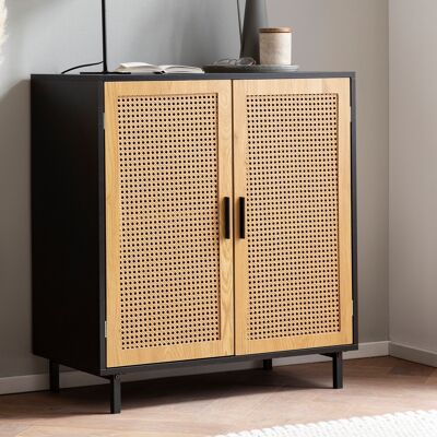 Aparador 80x86.Cómoda de 5x40 cm negra con mimbre vienés, cómoda alta atemporal, mueble de salón de pie con 2 puertas, aparador de ratán