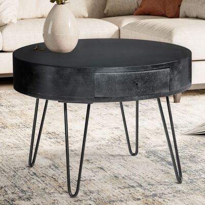 Table basse 60x60x43 cm manguier bois massif table basse métal, table basse design ronde avec tiroir, table basse espace de rangement massif, petite table salon pieds épingles à cheveux