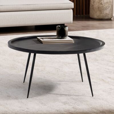 Table basse 75x75x38 cm manguier bois massif métal noir table basse ronde, table basse design avec veinure de bois naturel, table basse de salon intemporelle