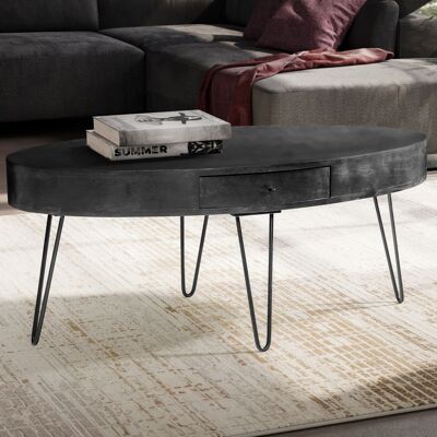 Table basse 100x50x40 cm manguier bois massif table basse métal, table de salon design ovale avec tiroir, table basse espace de rangement massif, grande table de salon pieds épingle à cheveux