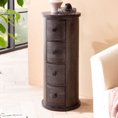 Aparador de diseño en madera maciza de mango, color negro, 34 x 85 x 34 cm, mueble con 4 cajones, mueble auxiliar estrecho en madera maciza, mini cómoda redonda