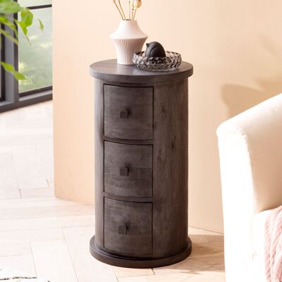 Aparador de diseño en madera maciza de mango, color negro, 34 x 65 x 34 cm, mueble con 3 cajones, mueble auxiliar estrecho en madera maciza, mini cómoda redonda
