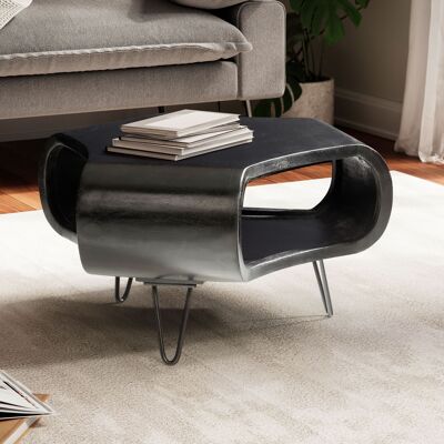 Table basse 60x60x35 cm manguier bois massif métal noir table basse, table de salon design organique avec espace de rangement, table basse massive, petite table de salon avec pieds en épingle à cheveux