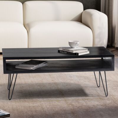 Table basse 100x50x40 cm manguier bois massif métal noir table basse, table basse rectangulaire avec espace de rangement, table basse massive, grande table de salon avec pieds en épingle à cheveux