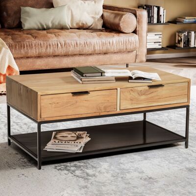 Table basse 90x50x40 cm en bois d'acacia massif table basse en métal rectangulaire, table basse solide avec tiroirs, table de salon moderne avec espace de rangement