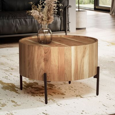 Table basse ronde en bois d'acacia massif 60x60x41 cm avec structure en métal, petite table basse moderne, table basse banc, table basse marron/noir