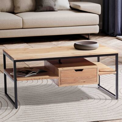 Table basse 90x50x42 cm bois massif d'acacia table basse en métal rectangulaire, table basse solide avec tiroir, table de salon moderne espace de rangement