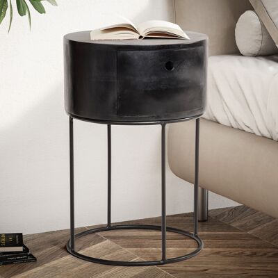 Table de chevet en manguier bois massif métal 40x40x60 cm table de chevet noire, table de chevet design lit à sommier tapissier rond avec tiroir, table de chevet avec espace de rangement