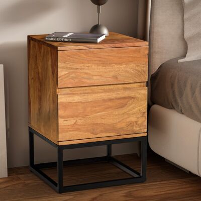 Table de chevet en bois massif de Sheesham et métal 40x38x60 cm, table de chevet avec sommier tapissier, table de chevet design avec 2 tiroirs, table de chevet industrielle avec rangement