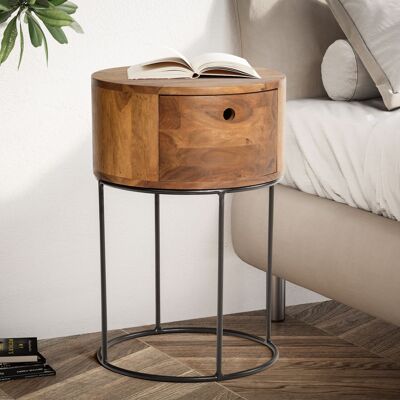 Table de chevet bois massif Sheesham métal 40x40x60 cm table de chevet marron, table de chevet design lit à sommier tapissier rond avec tiroir, table de chevet avec espace de rangement