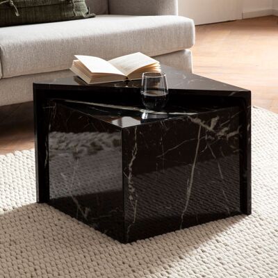 Ensemble de 2 tables basses MONOBLOC noir brillant aspect marbre, table d'appoint design carrée, table basse coulissante, petite table d'appoint lounge