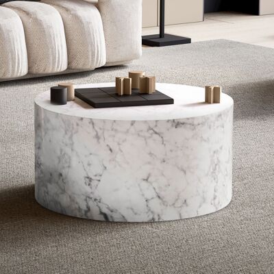 Table basse MONOBLOC 60x60x30 cm blanc brillant aspect marbre, table basse design ronde, table de salon moderne
