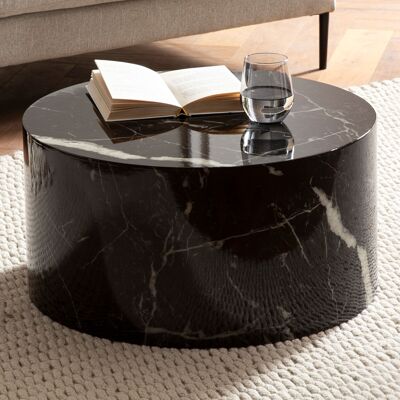 Table basse MONOBLOC 60x60x30 cm noir brillant aspect marbre, table basse design ronde, table de salon moderne
