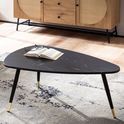Table basse 90x60x41 cm aspect marbre noir, table basse trois pieds avec structure en métal, table basse triangulaire pour le salon, table d'appoint