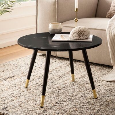 Table basse 60x60x41 cm aspect marbre noir moderne, table basse design avec structure en métal, table basse ronde, table d'appoint salon
