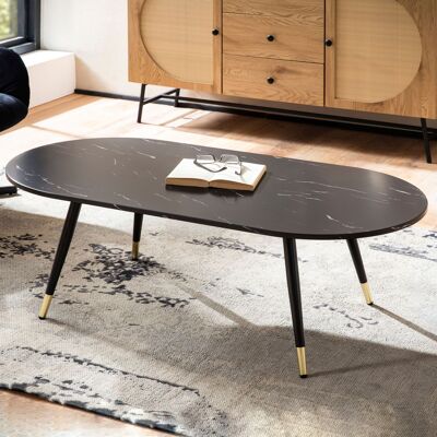 Table basse 120x60x41.Table basse design moderne noire aspect marbre de 5 cm avec structure en métal, grande table basse ovale, table d'appoint pour salon