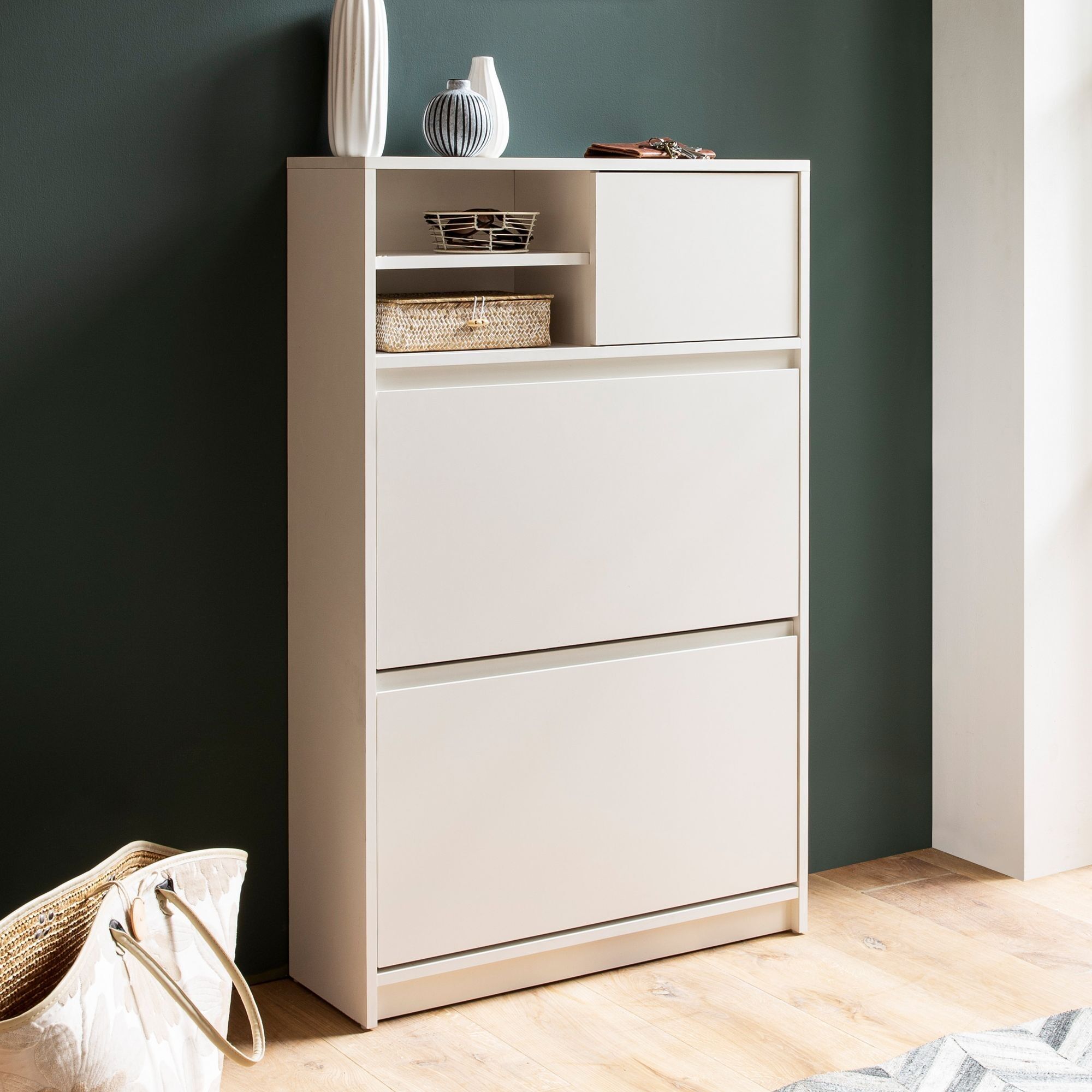 Meuble à chaussures blanc 71x110x24 cm basculant à chaussures fermé, boîte à chaussures moderne, meuble d'entrée avec étagère, meuble de rangement à chaussures meuble d'entrée pour chaussures hautes