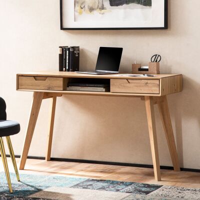 Escritorio 120x55x77 cm decoración roble con espacio de almacenamiento, mesa de oficina de diseño escandinavo con cajones, mesa para portátil de oficina en casa, mesa de computadora, sala de estudio con patas de madera maciza