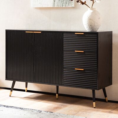Aparador 120x80x40 cm Negro con decoración roble, cómoda con puertas y cajones, cómoda recibidor moderna, mueble de pie salón patas metalicas