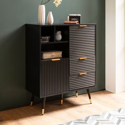 Aparador 77x97x40 cm Negro con decoración roble, cómoda con puertas y cajones, cómoda recibidor con estante moderno, mueble de pie salón patas metalicas