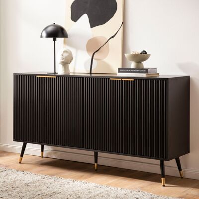 Aparador 150x81x39 cm Negro con decoración roble, cómoda con puertas, cómoda moderna mueble recibidor, mueble de pie salón patas metal