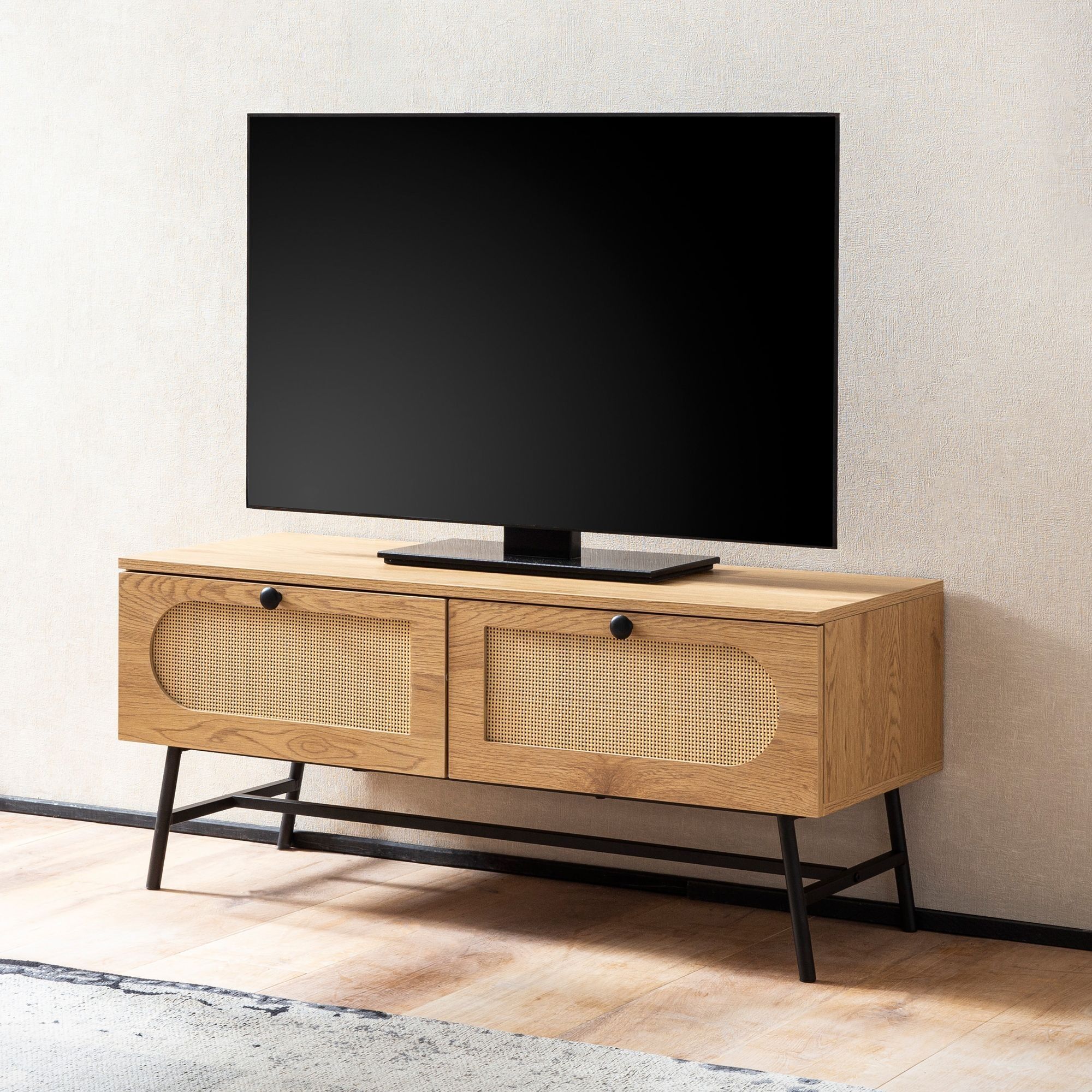 Meuble TV lowboard 100x45x40 cm décor chêne et rotin, meuble TV design haut avec tiroirs, table TV meuble TV, meuble TV salon