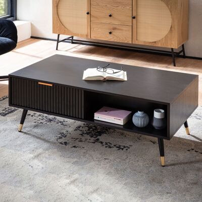 Table basse 110x60x43 cm noire décor chêne table de salon, table basse rectangulaire avec rangement, table basse avec tiroirs, table de salon avec pieds en métal
