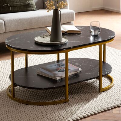 Table basse 100x60x45 cm noire aspect marbre, table basse design rectangulaire, table de salon avec étagère, table basse moderne avec structure en métal doré
