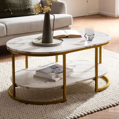 Table basse 100x60x45 cm blanche aspect marbre, table basse design rectangulaire, table de salon avec étagère, table basse moderne avec structure en métal doré