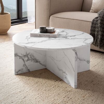 Table basse 70x70x33 cm table basse blanche aspect marbre moderne, table basse design ronde, grande table basse, table basse d'appoint