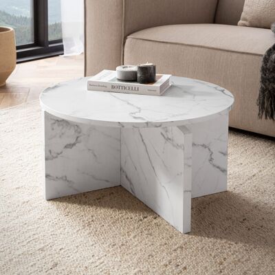 Table basse 60x60x33 cm table basse blanche aspect marbre moderne, table basse design ronde, petite table basse, table basse d'appoint
