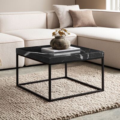Table basse 60x60x38 cm Table basse noire aspect marbre Table basse carrée au design moderne, petite table basse, table basse avec pieds en métal