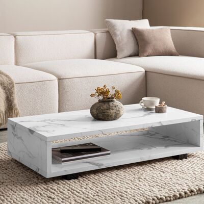 Table basse 100x50x25 cm table basse blanche aspect marbre moderne, table de salon design rectangulaire avec espace de rangement, table basse simple, grande table basse