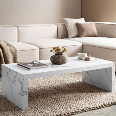 Table basse 110x55x35 cm table basse blanche aspect marbre intemporelle, table basse design rectangulaire, table basse simple, grande table basse