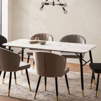 Table à manger 140x80x76 cm table à manger blanche aspect marbre moderne, petite table de cuisine, table à manger rectangulaire, table à manger avec pieds en métal