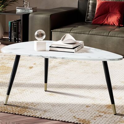 Tavolino 90x60x41 cm con effetto marmo bianco, tavolino a tre gambe con struttura in metallo, tavolino triangolare da soggiorno, tavolino laterale