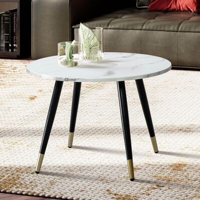 Table basse 60x60x41 cm aspect marbre blanc moderne, table basse design avec structure en métal, table basse ronde, table d'appoint salon