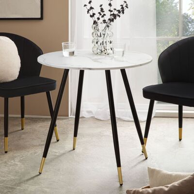 Table à manger 75x75x76 cm aspect marbre blanc table à manger moderne, table de cuisine avec pieds en métal, petite table à manger ronde