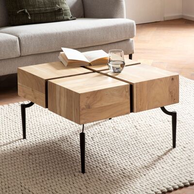 Table basse carrée en bois d'acacia massif 60x60x40 cm avec structure en métal, petite table basse cubique, table de salon moderne, table basse cubique marron/noir