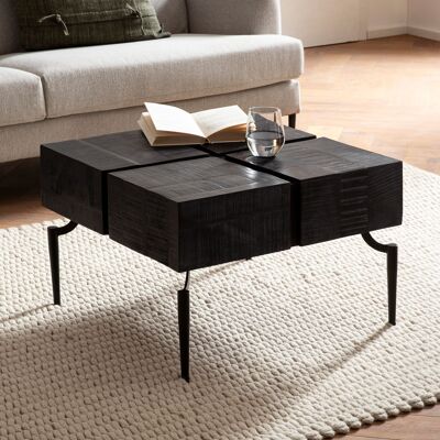 Table basse carrée en bois de manguier massif 60x60x40 cm avec structure en métal, petite table basse cube, table basse moderne, table basse cube noire
