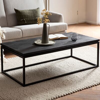 Table basse 120x60x40 cm en bois de manguier massif / table basse en métal noir rectangulaire, table basse design avec veinure de bois naturel, table basse de salon moderne