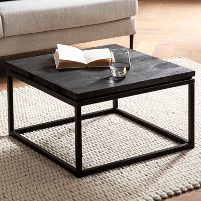 Table basse 60x60x35 cm en bois de manguier massif / table basse carrée en métal noir, table basse design avec veinure de bois naturel, table basse de salon moderne