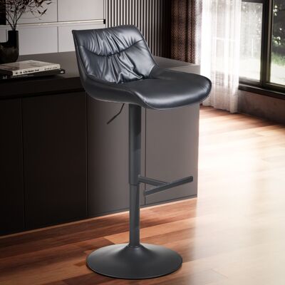 Bar stool faux leather black stool with backrest 86 - 106 cm, kitchen stool adjustable in height modern 100 kg, design bar stool with metal trumpet base, bistro stool upholstered