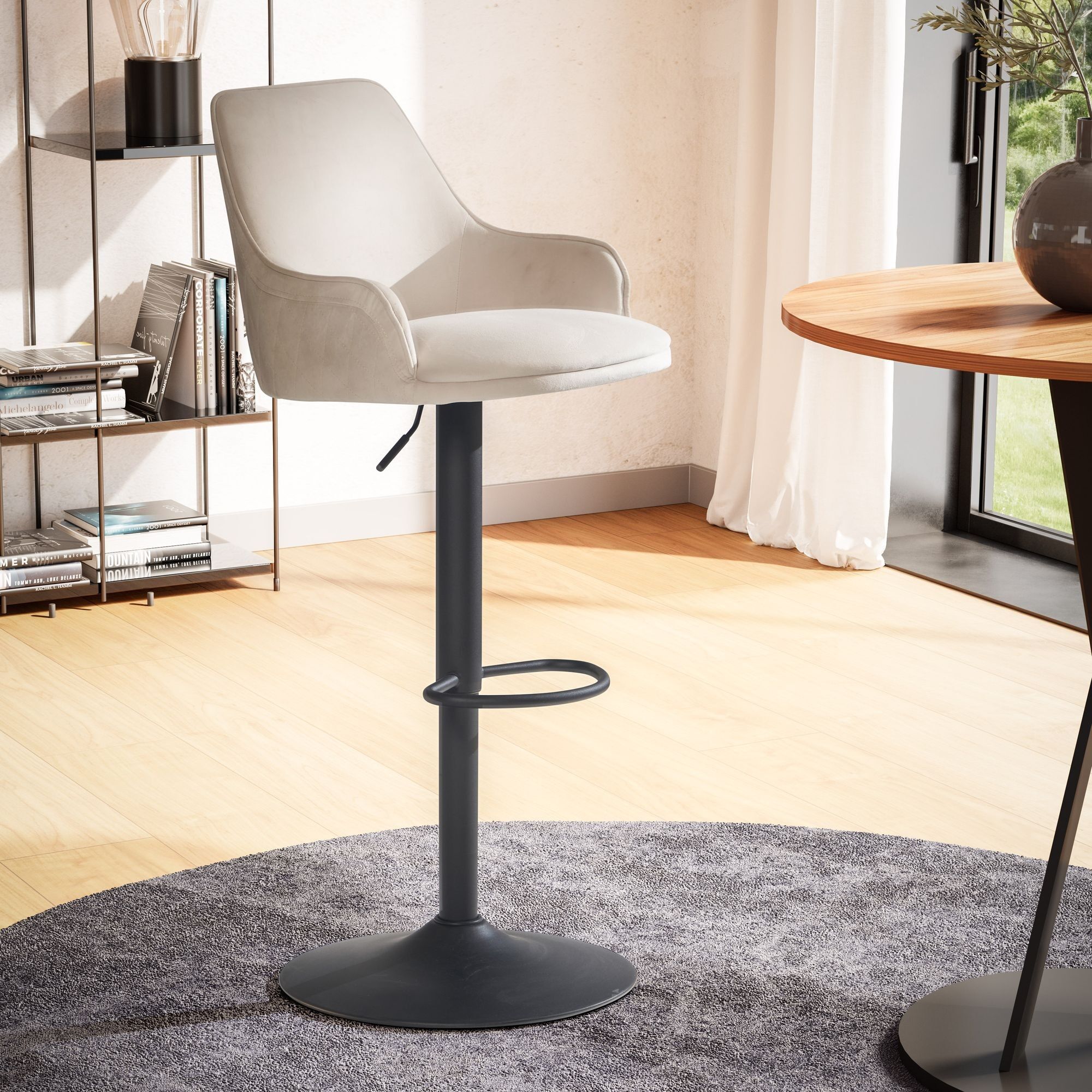 Velvet beige bar stool with backrest 86 - 106 cm, modern height-adjustable kitchen stool 100 kg, bar stool counter stool with metal trumpet base, upholstered bistro stool with armrest