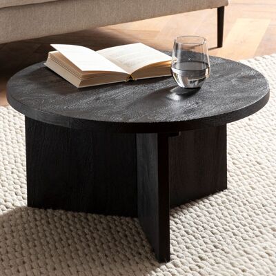 Table basse 60x60x33 cm Table basse ronde en bois massif de manguier noir, table de salon design trépied, table basse de salon basse moderne avec veinure de bois naturel