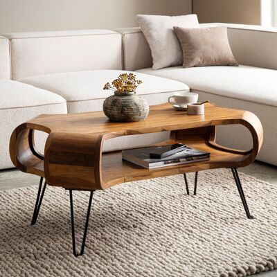 Table basse 100x60x47 cm Table basse en métal et bois massif de Sheesham, table de salon design rectangulaire avec rangement, table basse solide, grande table de salon avec pieds en épingle à cheveux