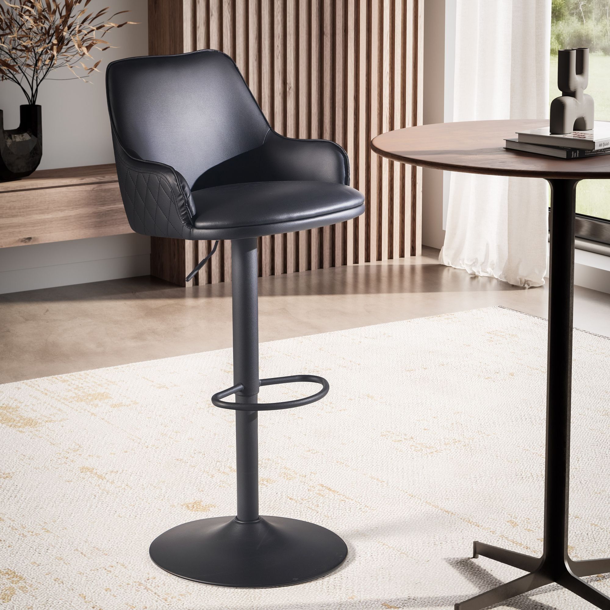 Black imitation leather bar stool with backrest 86 - 106 cm, modern height-adjustable kitchen stool 100 kg, bar stool/counter stool with metal trumpet base, upholstered bistro stool with armrests