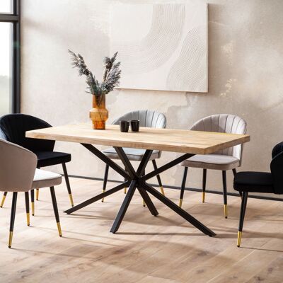 Table à manger 160x80x76 cm Table à manger industrielle en métal et bois massif de manguier, table de cuisine avec cadre en étoile, grande table en bois, table à manger rectangulaire